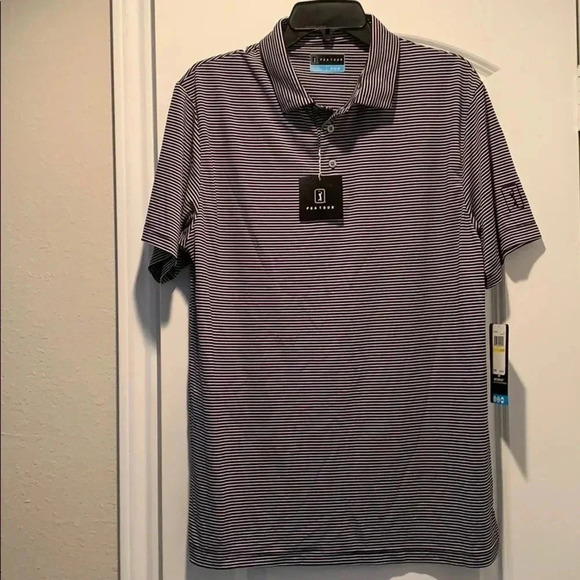 PGA Tour Golf Polo Striped Performance Shirt Navy Blue - Picture 2 of 10